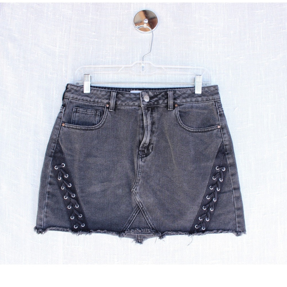 Y2K PacSun Black Denim Mini Skirt Lace Up Raw Hem Faded Emo Skater Goth Sz 28